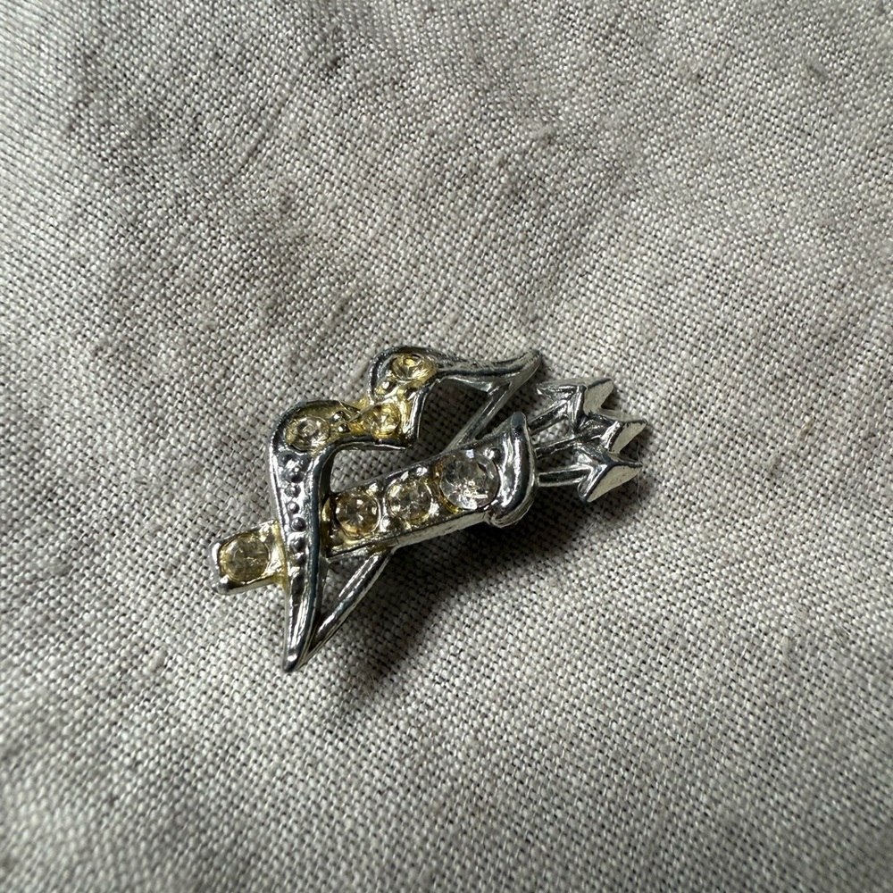 Vintage Silver-Tone Heart & Arrow Crystal Brooch - Yellow Crystal Accent